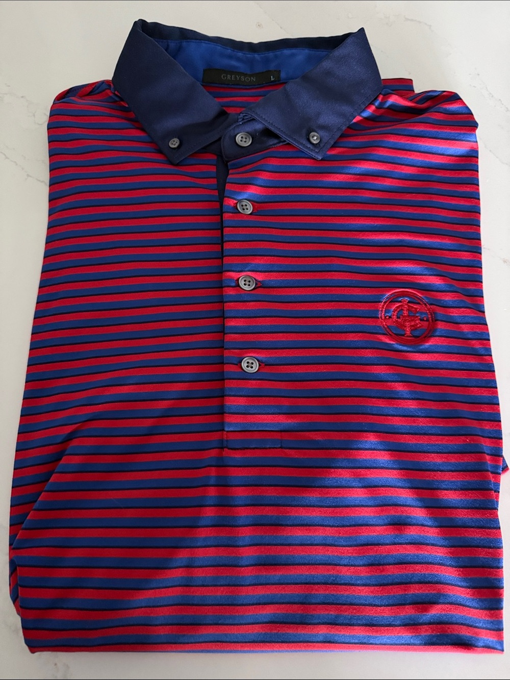 Greyson Red & Blue Striped Polo with Contrast Navy Collar